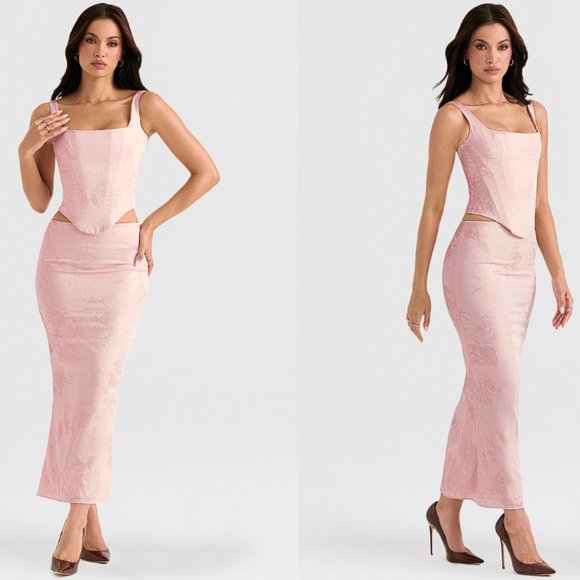 House of CB ‘Luisette’ Pink Metallic Floral Satin Midi Skirt NWOT - Picture 4 of 12